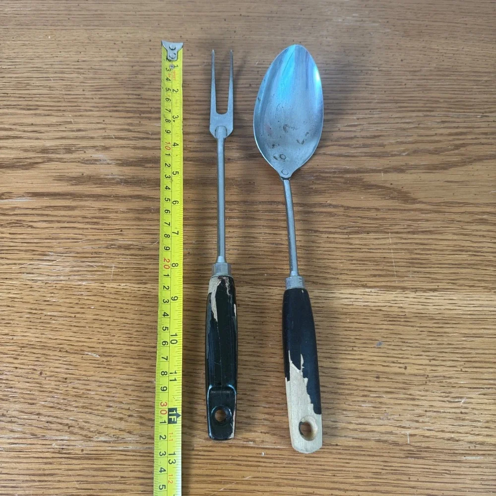 Vintage EKCO Chromium Plated Serving Spoon and Meat Fork Set‎ Black Wood Handle
